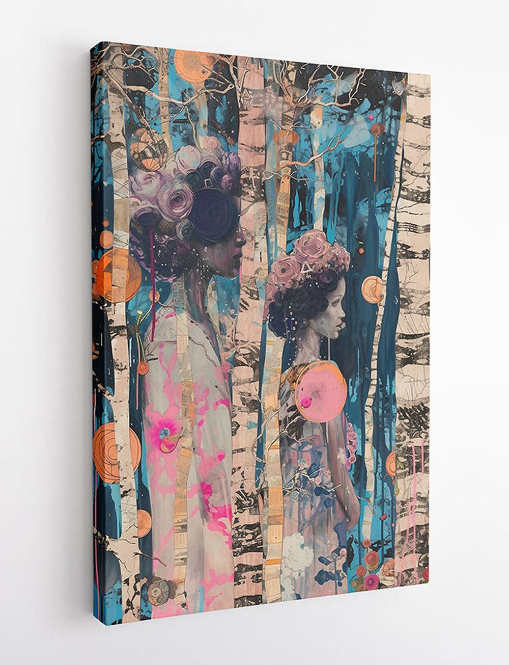 Whispers in the Birch – Surreal Forest Figures Abstract Canvas Art – T880 – AiPrintLab