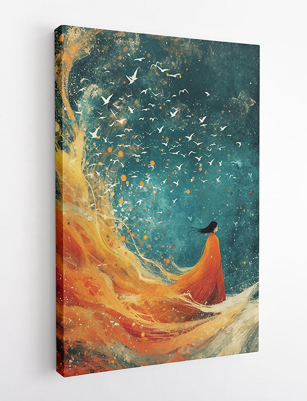 Whispers of Flight – Abstract Woman & Birds Canvas & Poster Art – T811 – AiPrintLab