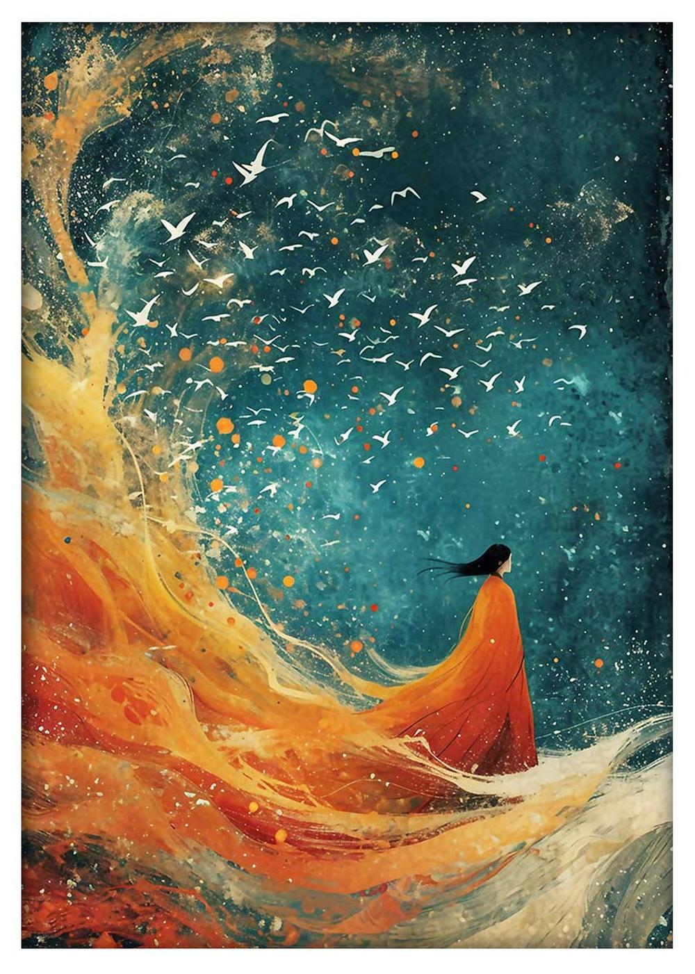 Whispers of Flight – Abstract Woman & Birds Canvas & Poster Art – T811 – AiPrintLab