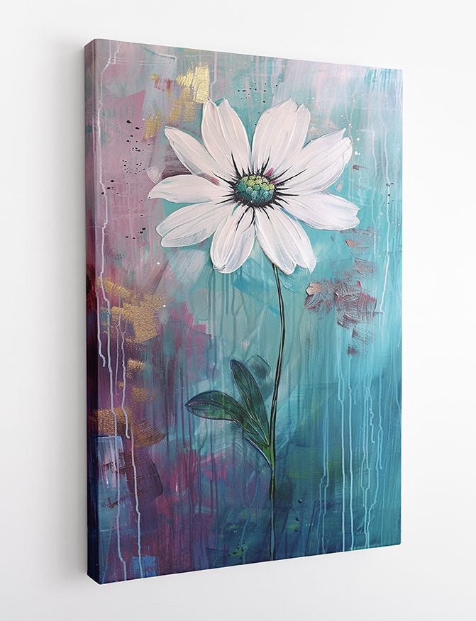 White Daisy on Aqua – Minimal Floral Painting Canvas & Poster Art – T984 – AiPrintLab