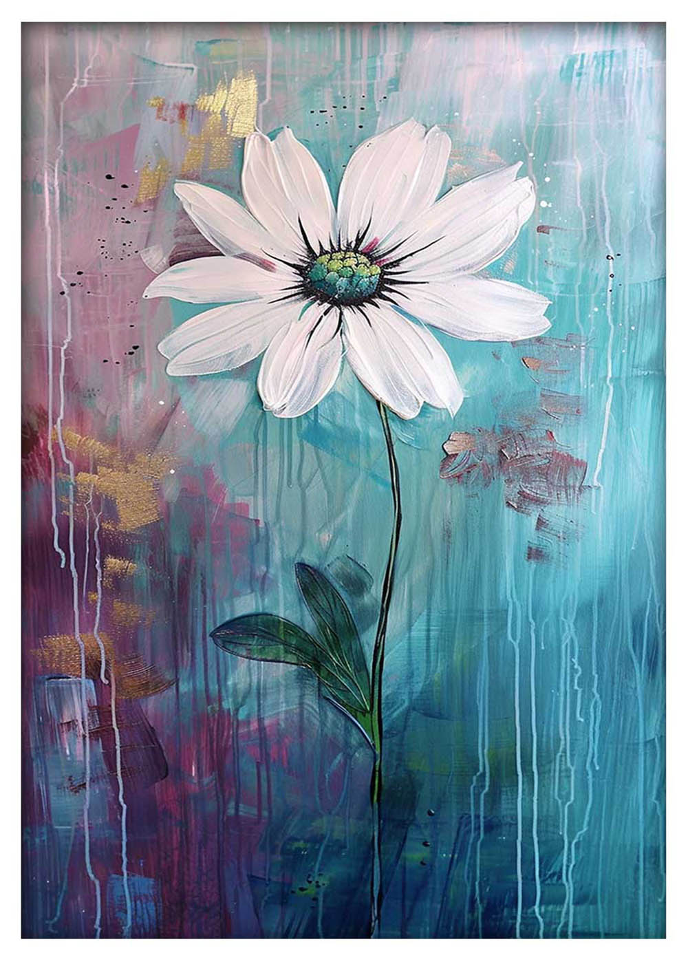 White Daisy on Aqua – Minimal Floral Painting Canvas & Poster Art – T984 – AiPrintLab