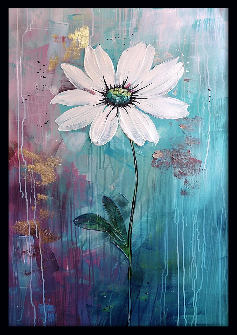 White Daisy on Aqua – Minimal Floral Painting Canvas & Poster Art – T984 – AiPrintLab