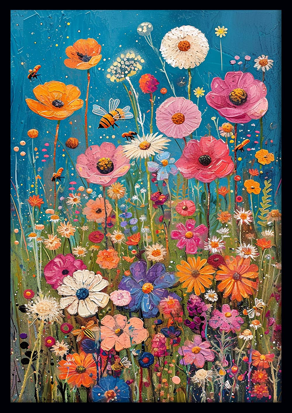 Wildflower Meadow with Bees – Vibrant Floral Canvas & Poster Wall Art – T1151 – AiPrintLab