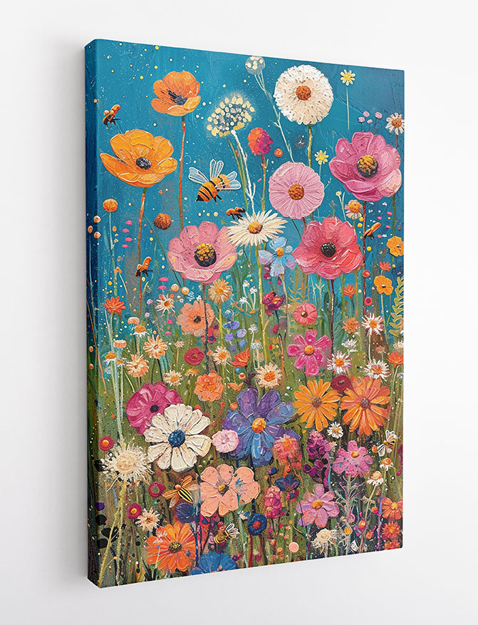 Wildflower Meadow with Bees – Vibrant Floral Canvas & Poster Wall Art – T1151 – AiPrintLab