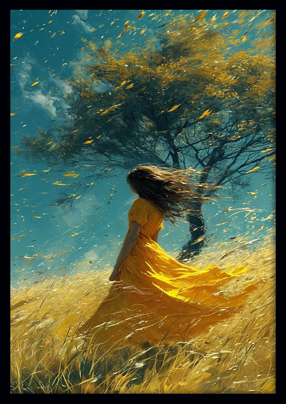 Windblown Serenity Woman in Golden Field Canvas Art Print & Poster – T1460 –
