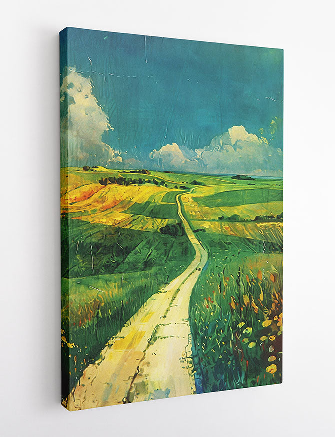 Winding Country Road – Scenic Green Field Landscape Canvas & Poster Art – T1239 – AiPrintLab