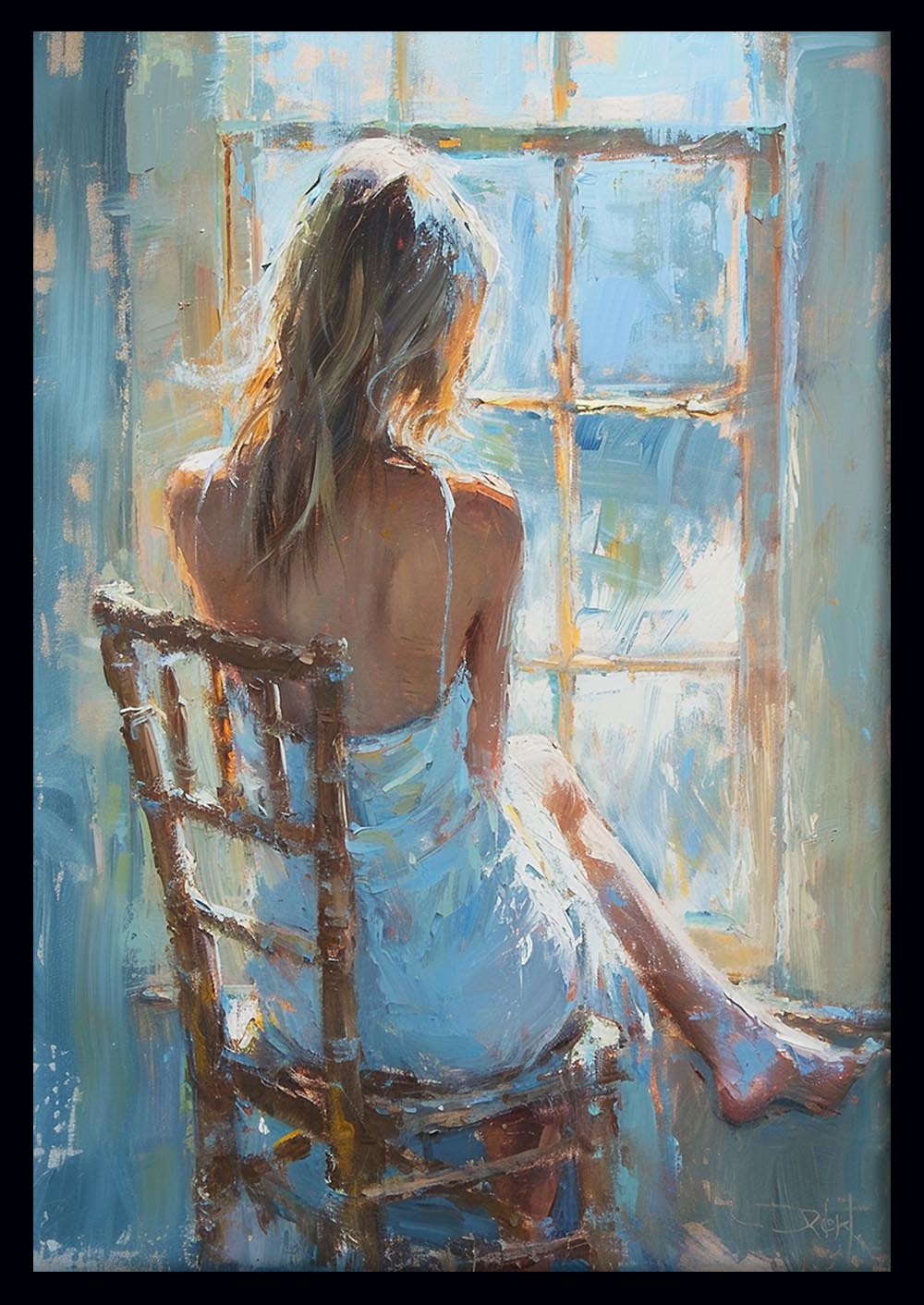 Woman in Blue by the Window – Impressionist Figurative Canvas & Poster Wall Art – T1304 – AiPrintLab
