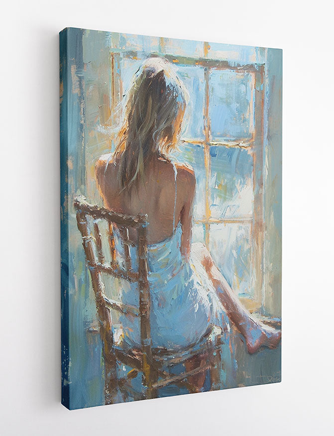 Woman in Blue by the Window – Impressionist Figurative Canvas & Poster Wall Art – T1304 – AiPrintLab