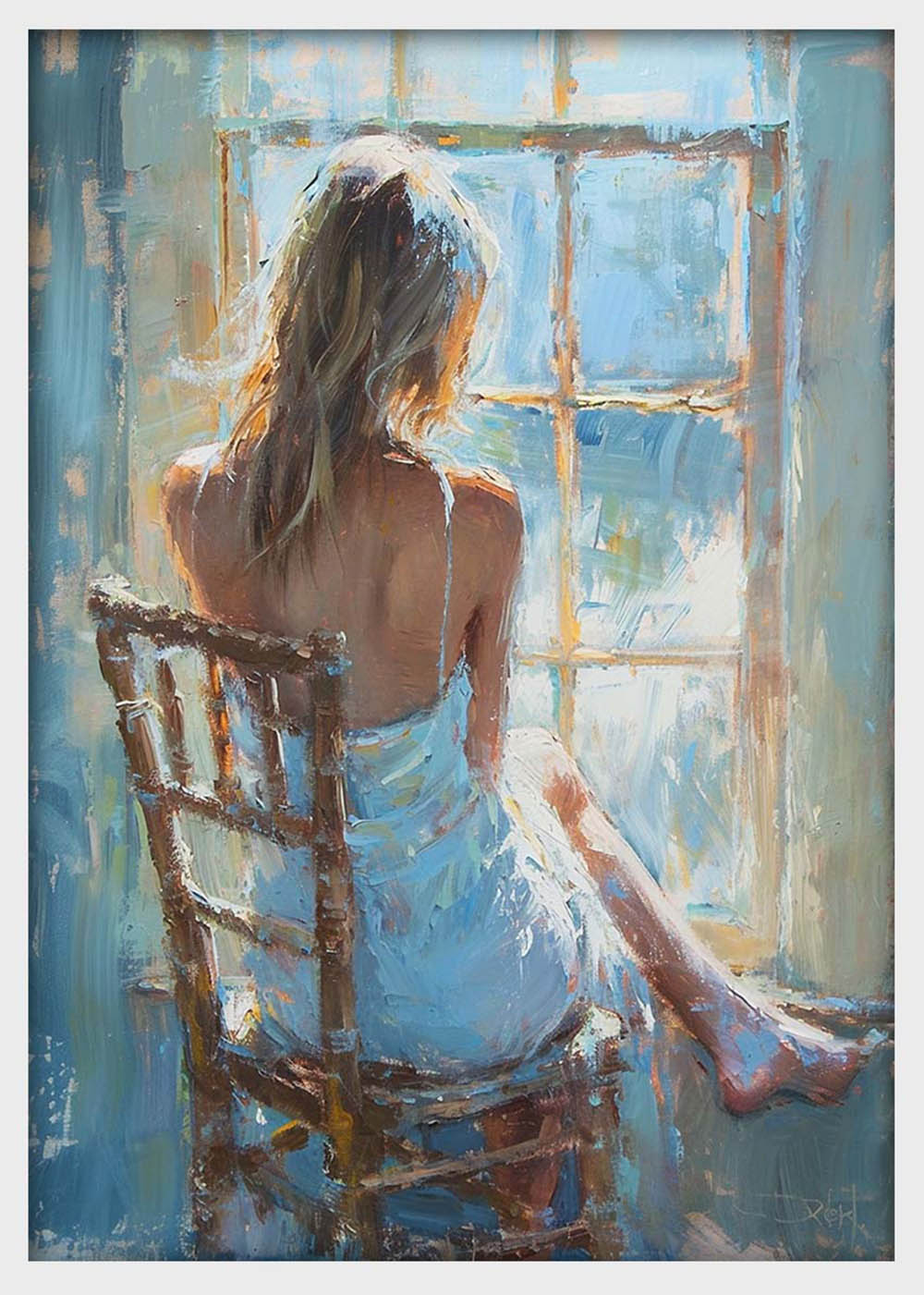 Woman in Blue by the Window – Impressionist Figurative Canvas & Poster Wall Art – T1304 – AiPrintLab