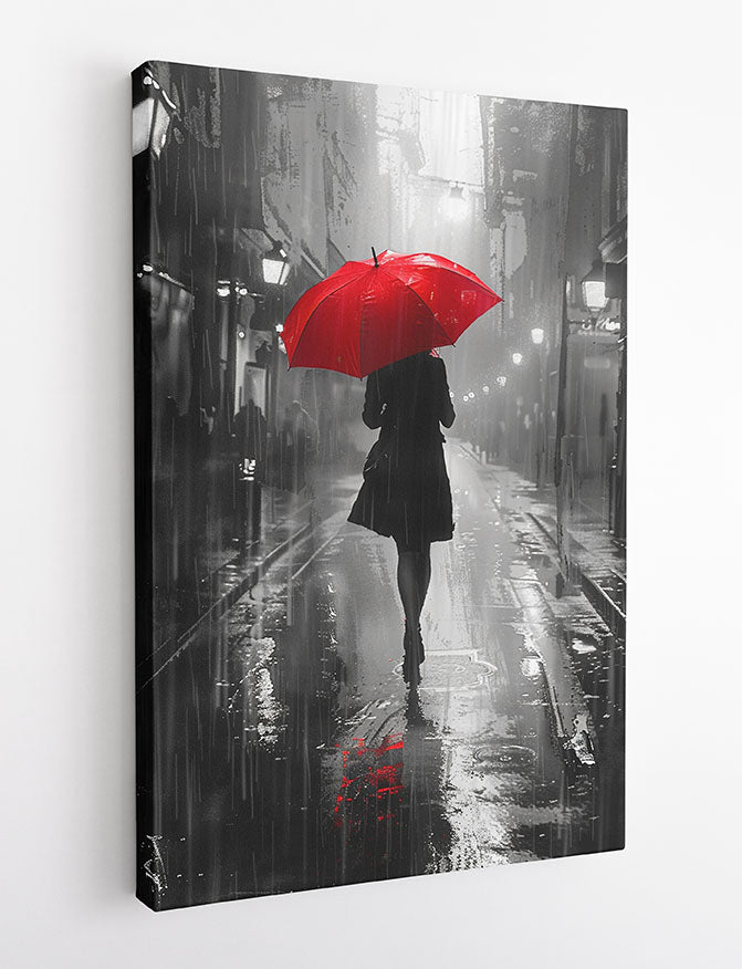 Woman with Red Umbrella – Black & White Rainy Street Canvas Art – T963 – AiPrintLab