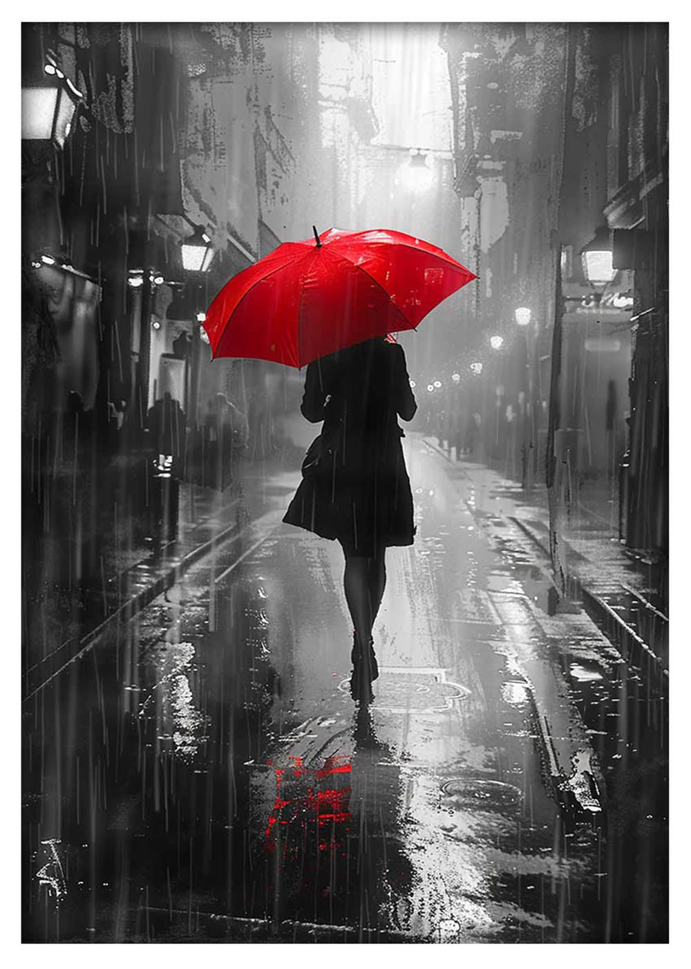 Woman with Red Umbrella – Black & White Rainy Street Canvas Art – T963 – AiPrintLab