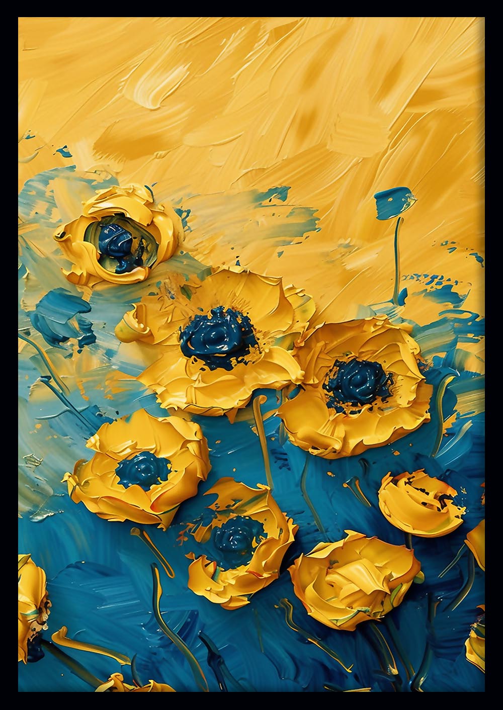 Yellow & Blue Abstract Floral Textured Art – Canvas & Poster Wall Print – T917 – AiPrintLab