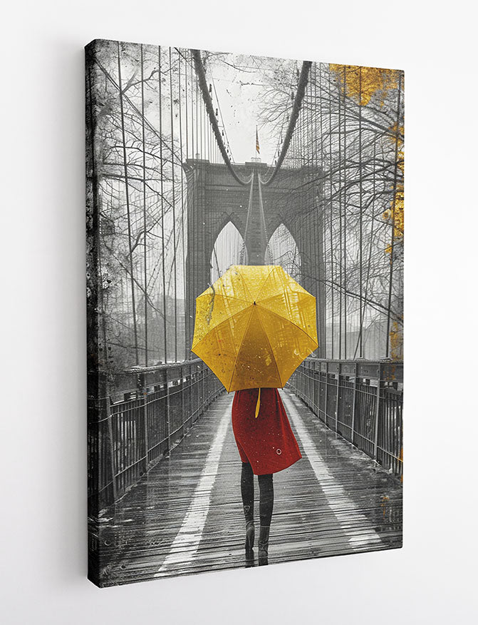 Yellow Umbrella on Bridge – Dramatic Black & White Rainy City Canvas Print – T1003 – AiPrintLab