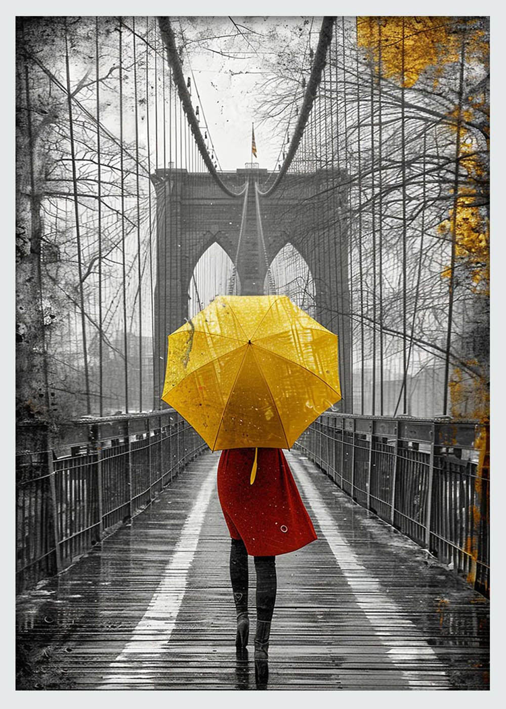 Yellow Umbrella on Bridge – Dramatic Black & White Rainy City Canvas Print – T1003 – AiPrintLab