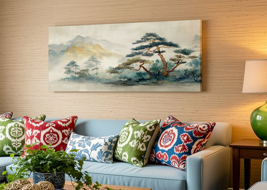 Zen Mountain Pine Landscape Canvas Wall Art – Single & 3 Panel Split – AI PRINT LAB