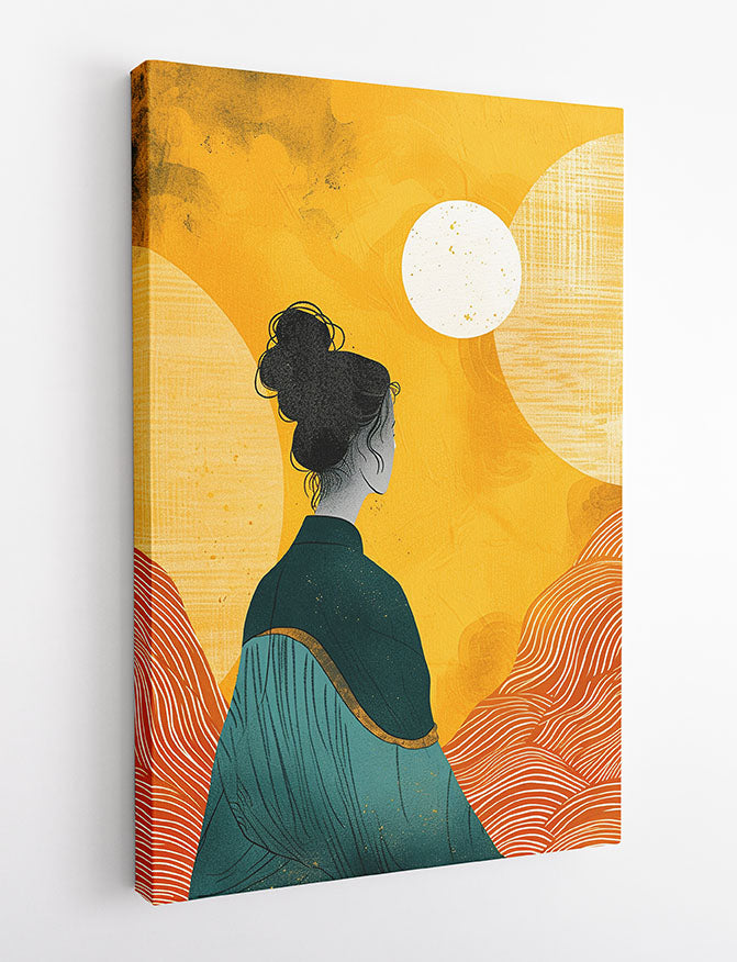 Zen Sunset Woman Illustration – Japanese Minimalist Poster & Canvas Wall Art – T1166 – AiPrintLab