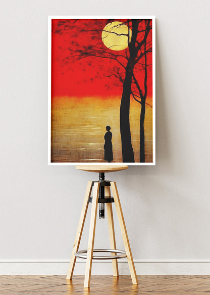 Crimson Moon Silence – Dramatic Sunset Silhouette Canvas & Poster Print – AI PRINT LAB