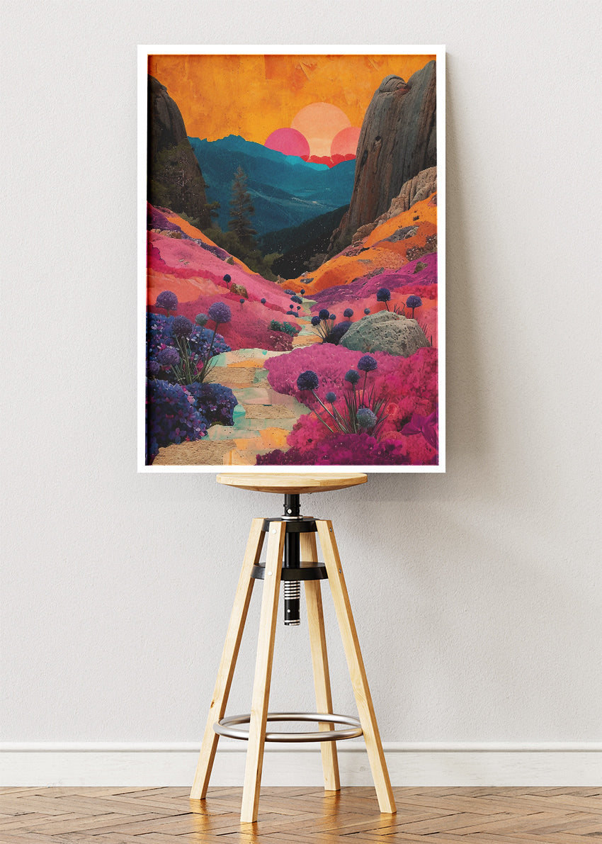 Vivid Canyon Bloom – Surreal Sunset Valley Canvas & Poster Print – AI PRINT LAB