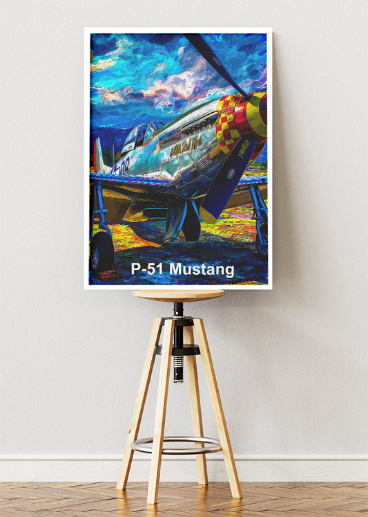 P-51 Mustang Poster & Canvas Print – Illustrated WWII Fighter Aircraft Wall Art