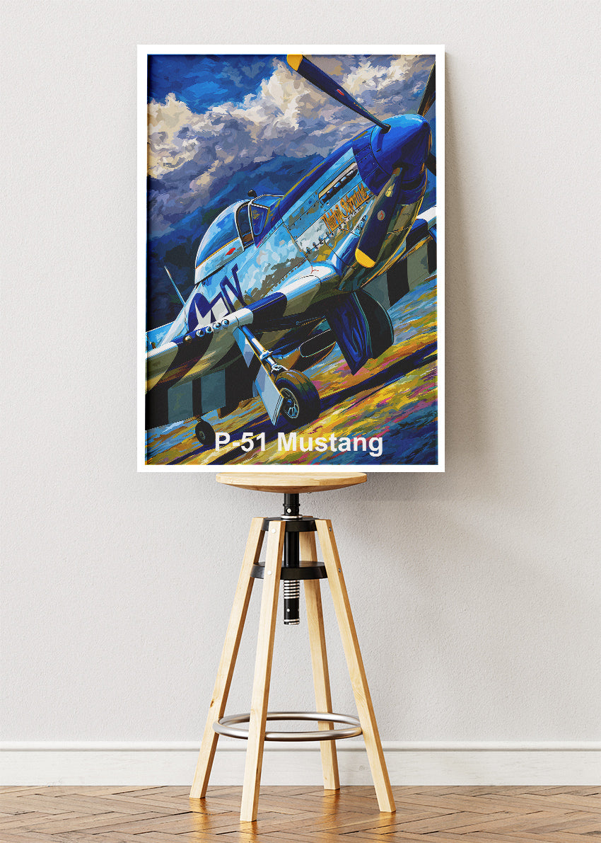 P-51 Mustang Poster & Canvas Print – Illustrated WWII Fighter Aircraft Wall Art