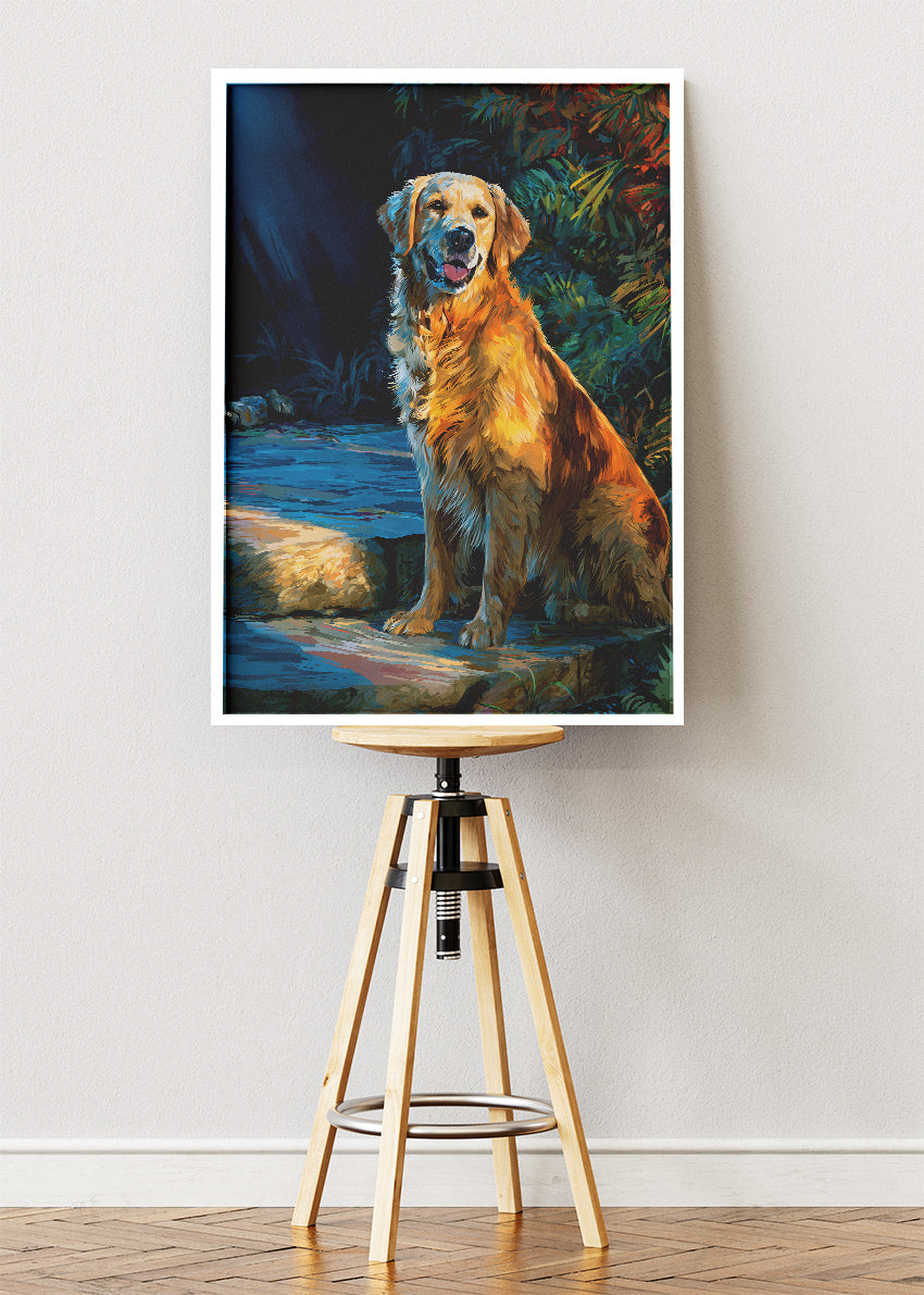 Golden Retriever Sunset Portrait Poster & Canvas Print – Warm Painterly Dog Art
