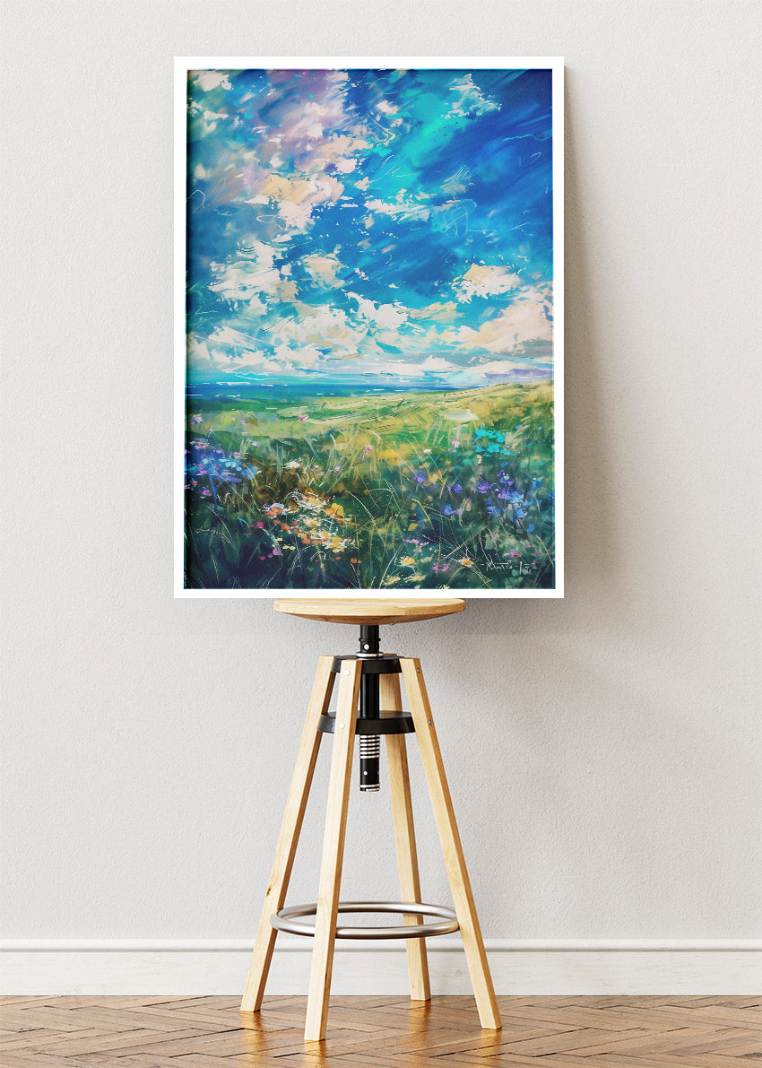 Emerald Breeze Meadow – Expressive Sky Landscape Canvas & Poster Print – AI PRINT LAB