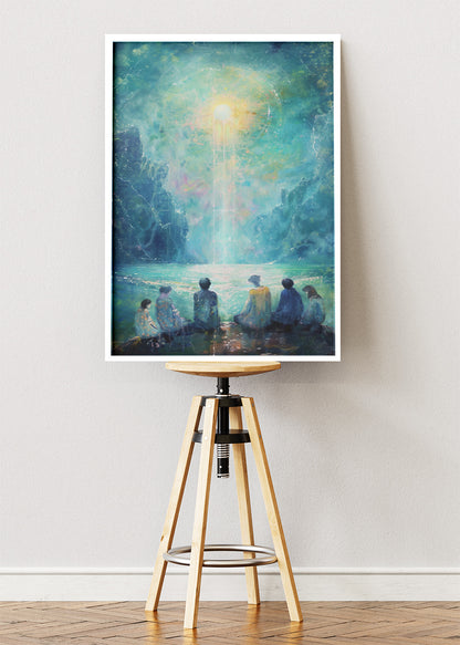 Celestial Light Gathering – Mystical Lake Scene Canvas & Poster Print – AI PRINT LAB