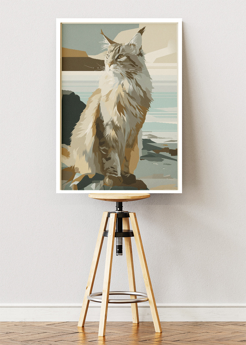 Scandinavian Cat Coastline Poster & Canvas Print – Minimal Modern Pet Art