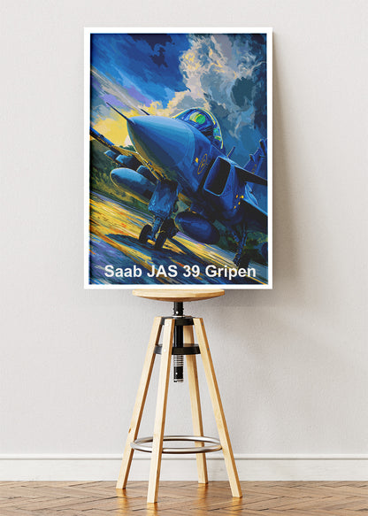 Saab JAS 39 Gripen Poster & Canvas Print – Vibrant Illustrated Fighter Jet Art
