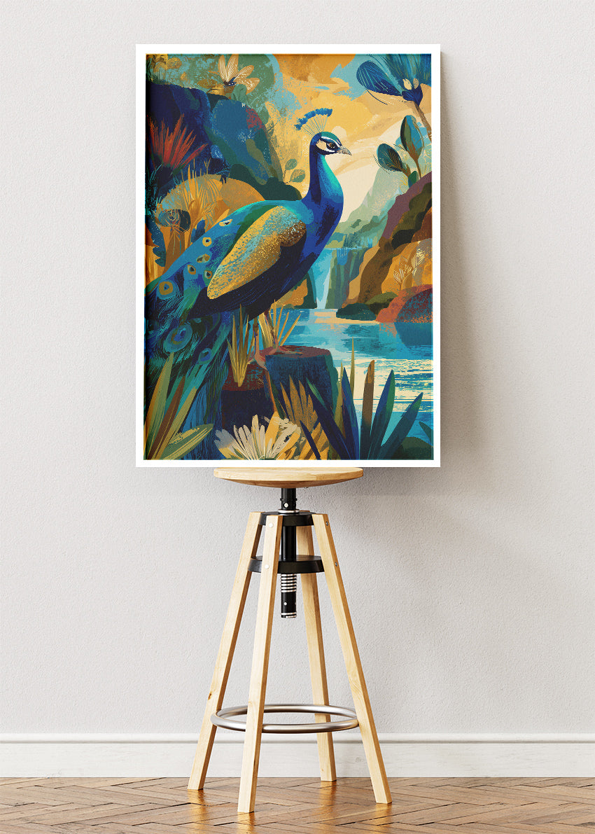 Peacock Waterfall Landscape Poster & Canvas Print – Colorful Nature Wall Art