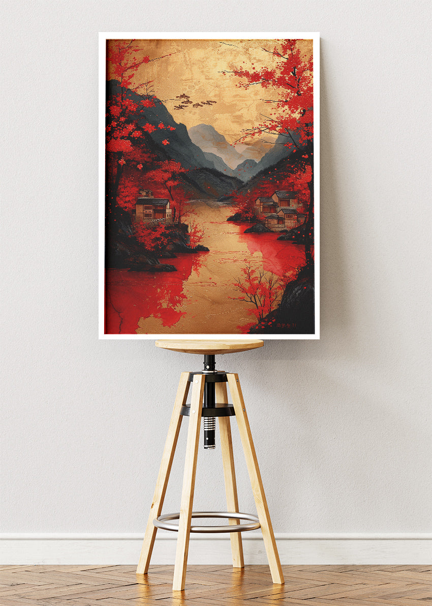 Crimson Autumn Village – Oriental Red River Landscape Canvas & Poster Print – AI PRINT LAB