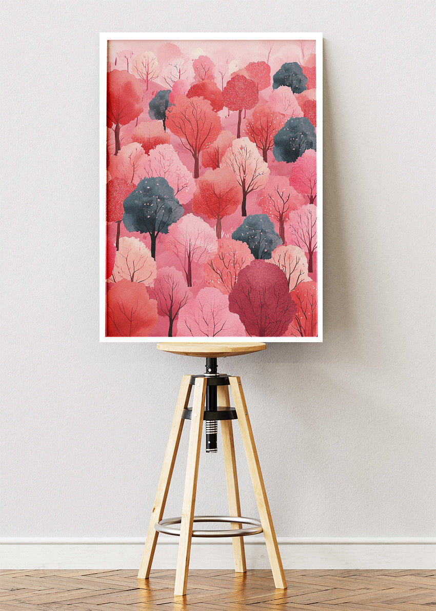 Pink Forest Wall Art – Blush Woodland Canvas Print & Modern Pastel Tree Poster for Bedroom and Living Room Decor UK