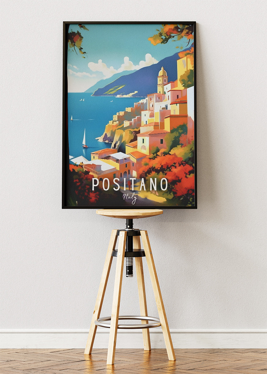 Positano Italy Coastline Poster & Canvas Print – Illustrated Amalfi Cliffside Art