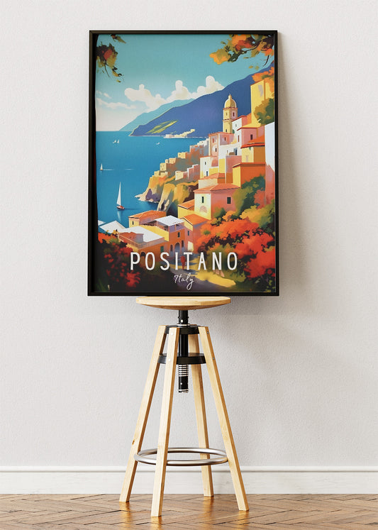 Positano Italy Coastline Poster & Canvas Print – Illustrated Amalfi Cliffside Art