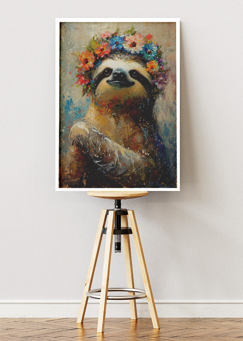 Boho Floral Sloth Poster & Canvas Print – Whimsical Animal Art Illustration