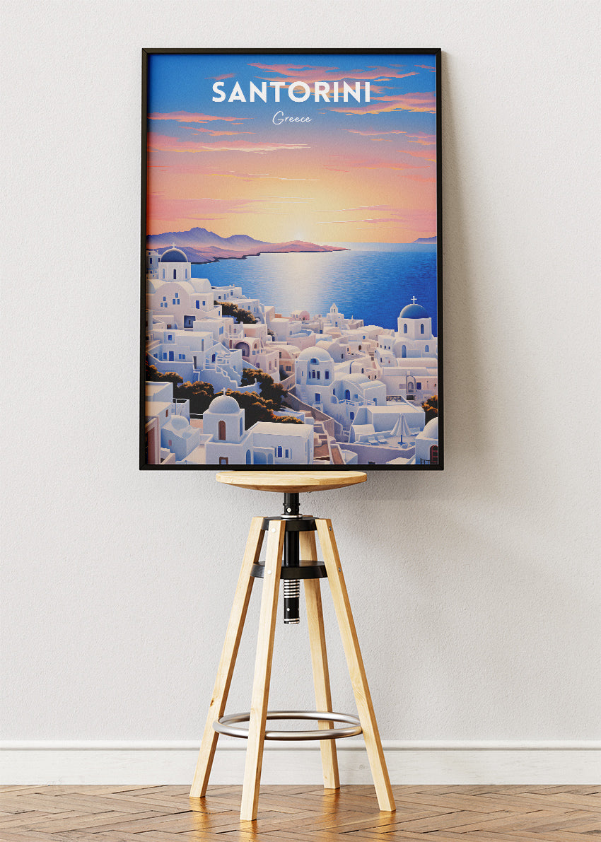 Santorini Greece Sunset View Poster & Canvas Print – Illustrated Cycladic Blue Dome Art