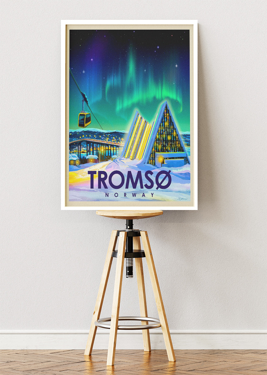 Tromsø Norway Poster & Canvas Print – Illustrated Northern Lights Arctic Cathedral Art