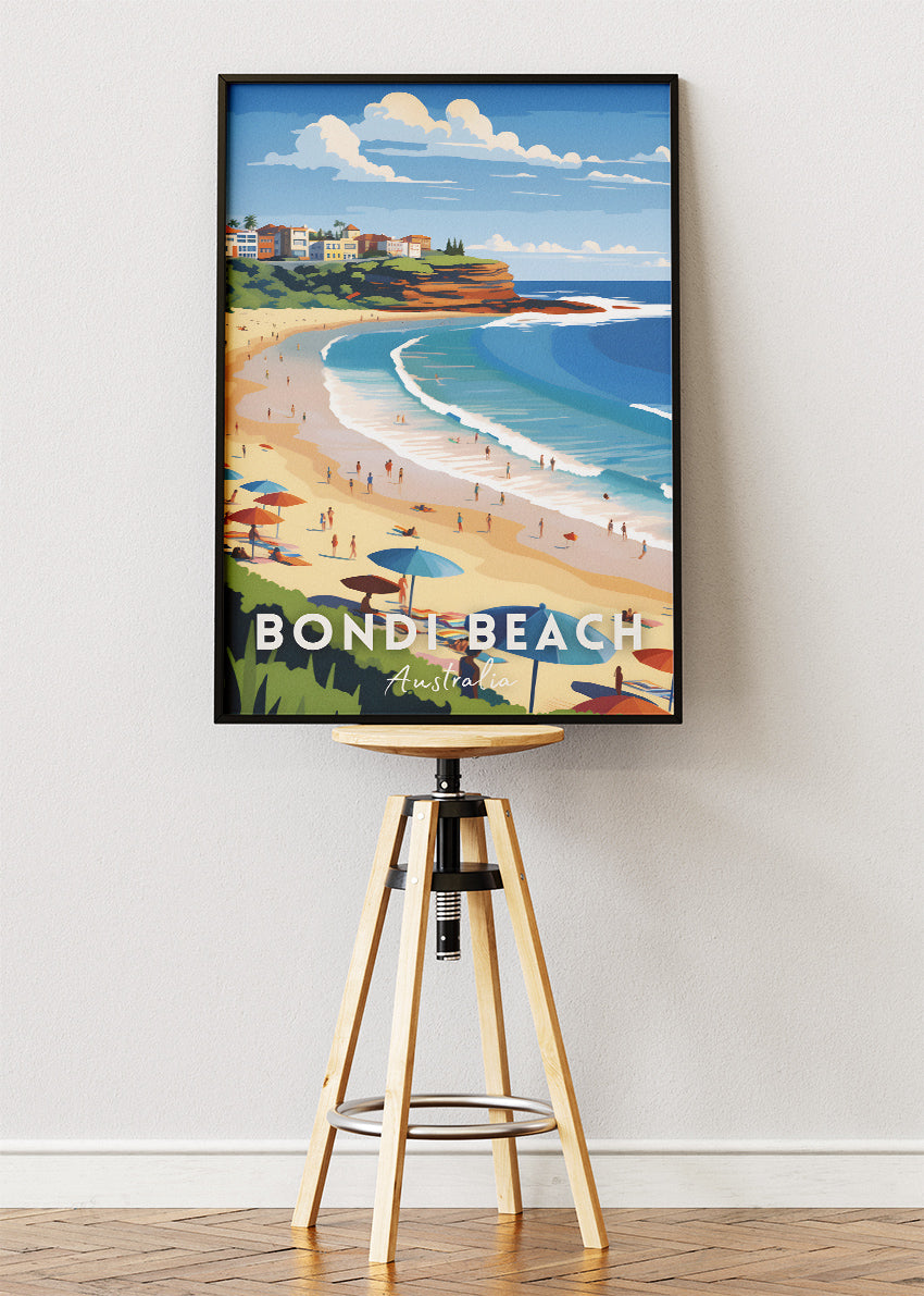 Bondi Beach Australia Travel Poster & Canvas Wall Art – Coastal Sydney Beach Print