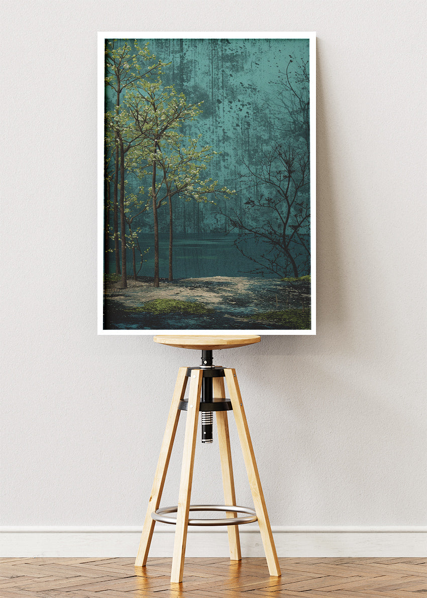 Emerald Lakeside Stillness – Moody Forest Landscape Canvas & Poster Print – AI PRINT LAB