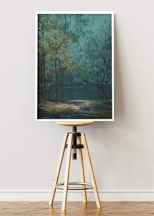 Emerald Lakeside Stillness – Moody Forest Landscape Canvas & Poster Print – AI PRINT LAB