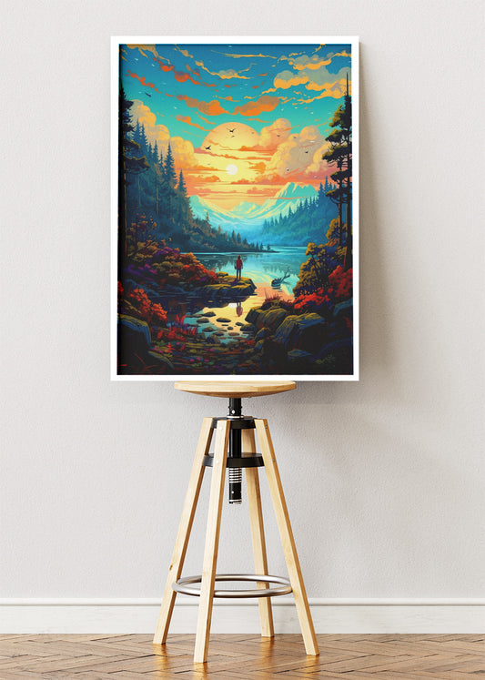 Golden Horizon Reflection – Vibrant Mountain Lake Sunset Canvas & Poster Print – AI PRINT LAB