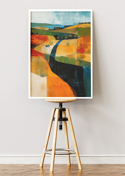 Abstract Patchwork Fields & River – Modern Colour Block Landscape Canvas & Poster Print – AI PRINT LAB
