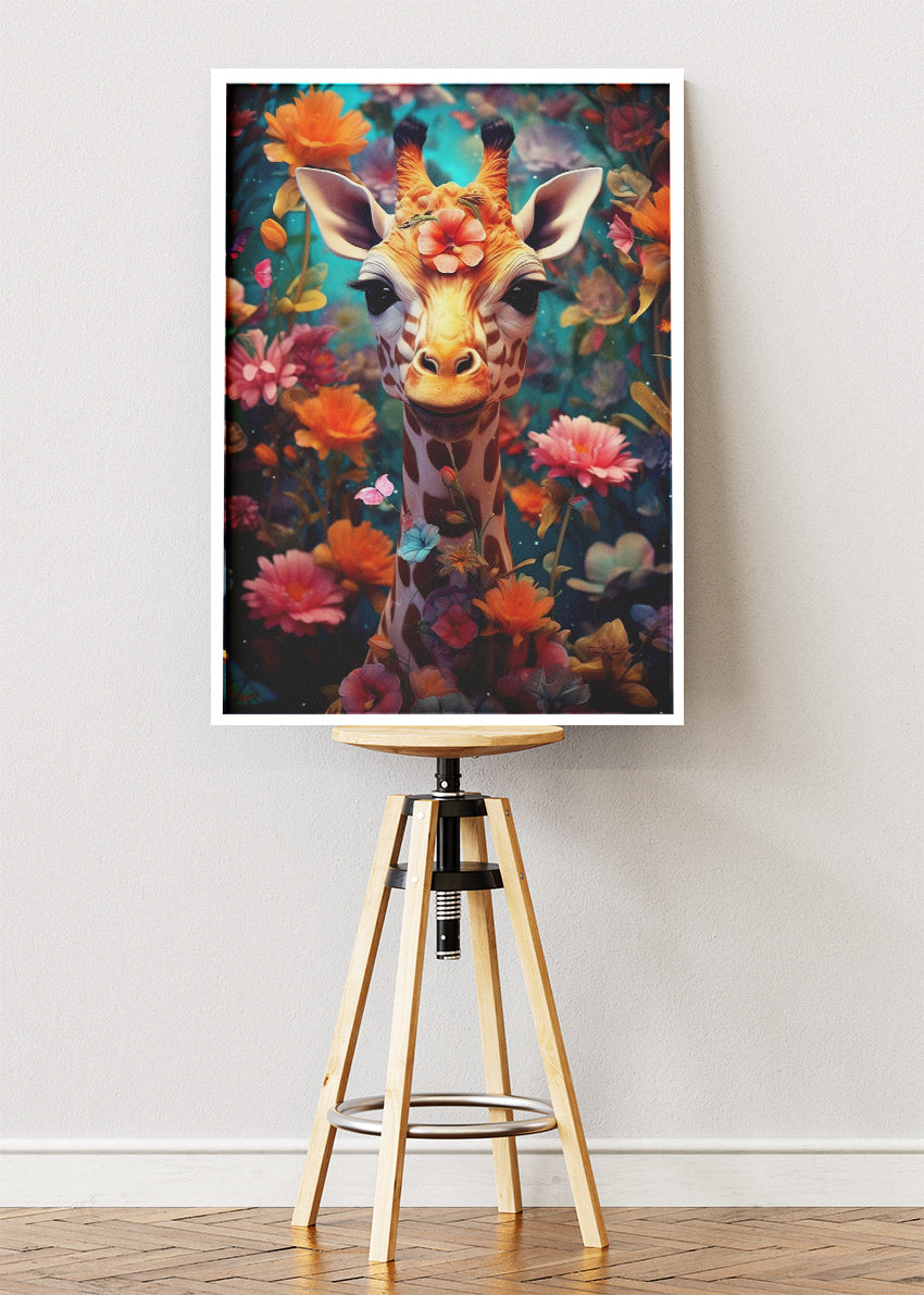 Whimsical Giraffe in Flower Garden Poster & Canvas Print – Colourful Fantasy Animal Art