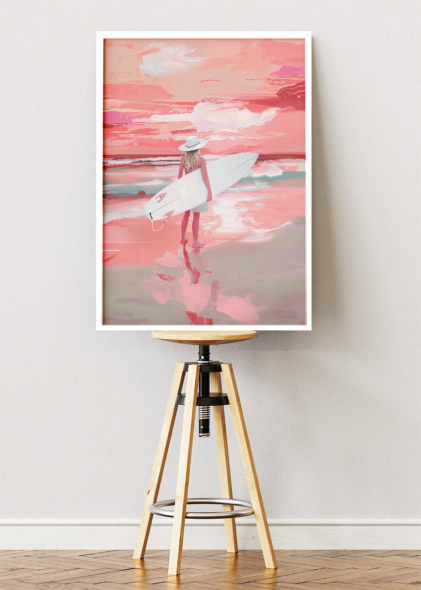 Blush Sunset Surfer – Pink Coastal Beach Canvas & Poster Print – AI PRINT LAB