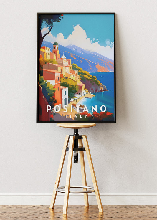 Positano Italy Coastline Poster & Canvas Print – Illustrated Amalfi Cliffside Art