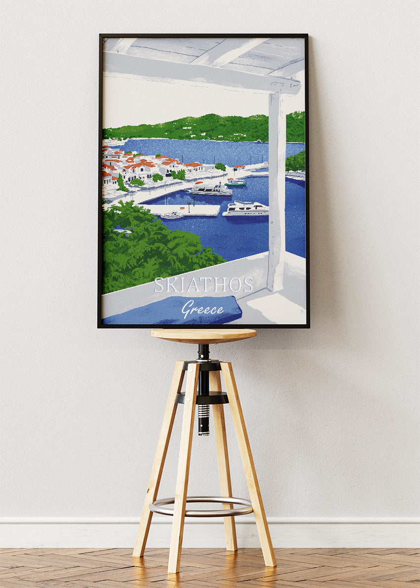 Skiathos Greece Harbour View Poster & Canvas Print – Illustrated Island Art