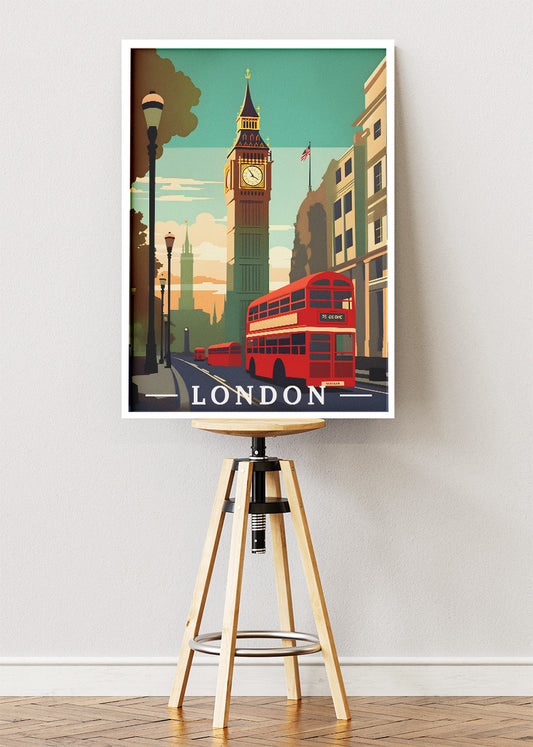 London Big Ben & Red Bus Poster & Canvas Print – Illustrated City Art – A1003