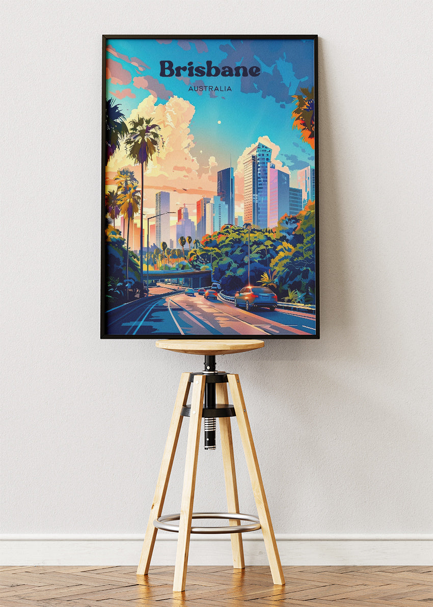 Brisbane Australia Travel Poster & Canvas Wall Art – City Skyline Sunset Print