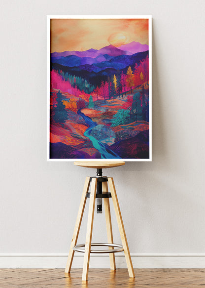 Neon Valley Sunset – Vibrant Mountain Landscape Canvas & Poster Print – AI PRINT LAB