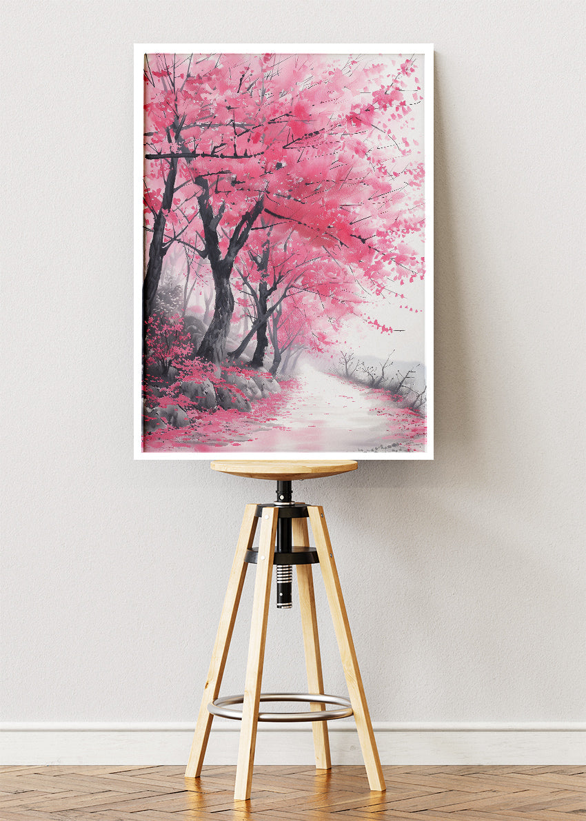 Pink Cherry Blossom Path Landscape Canvas & Poster Print – AI PRINT LAB